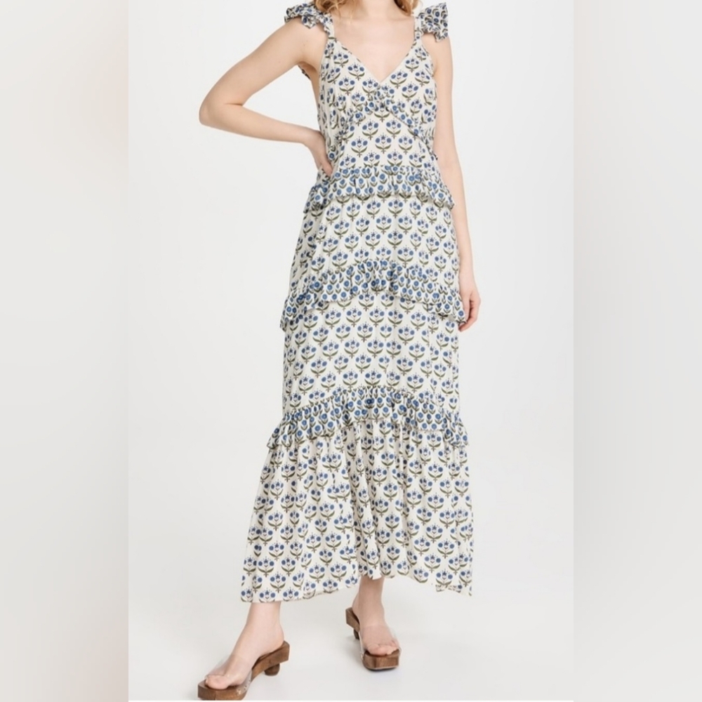 Misa Los Angeles Tiered Floral Maxi Dress with Tie-Straps - White & Navy, Size L